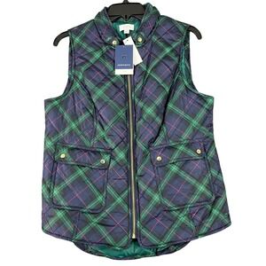 Crown‎ & Ivy Icon Puffer Vest Womens Large Blackwatch Plaid Green Navy Quilted
